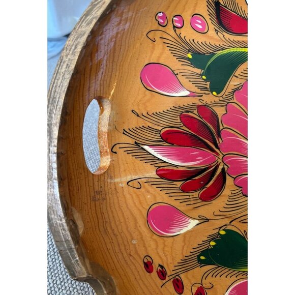 Vtg Hand Painted Floral Lacquered Wooden Serving Tray Bowl Dish Decorative - Picture 6 of 9